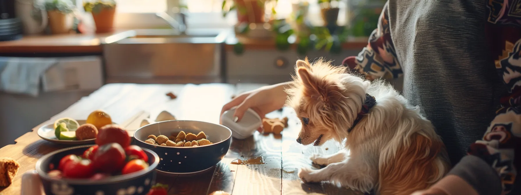 a pet owner adjusting a pet camera to monitor their furry companion's eating habits.