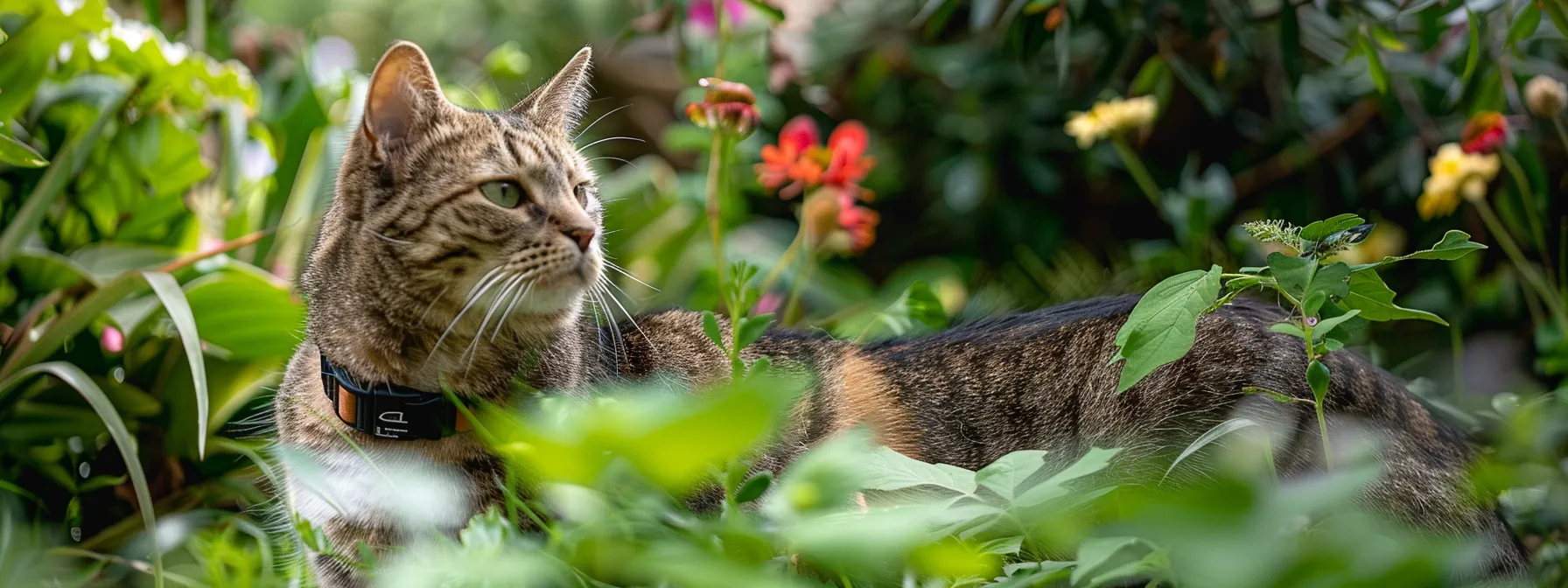 a cat wearing a gps collar exploring a lush garden.