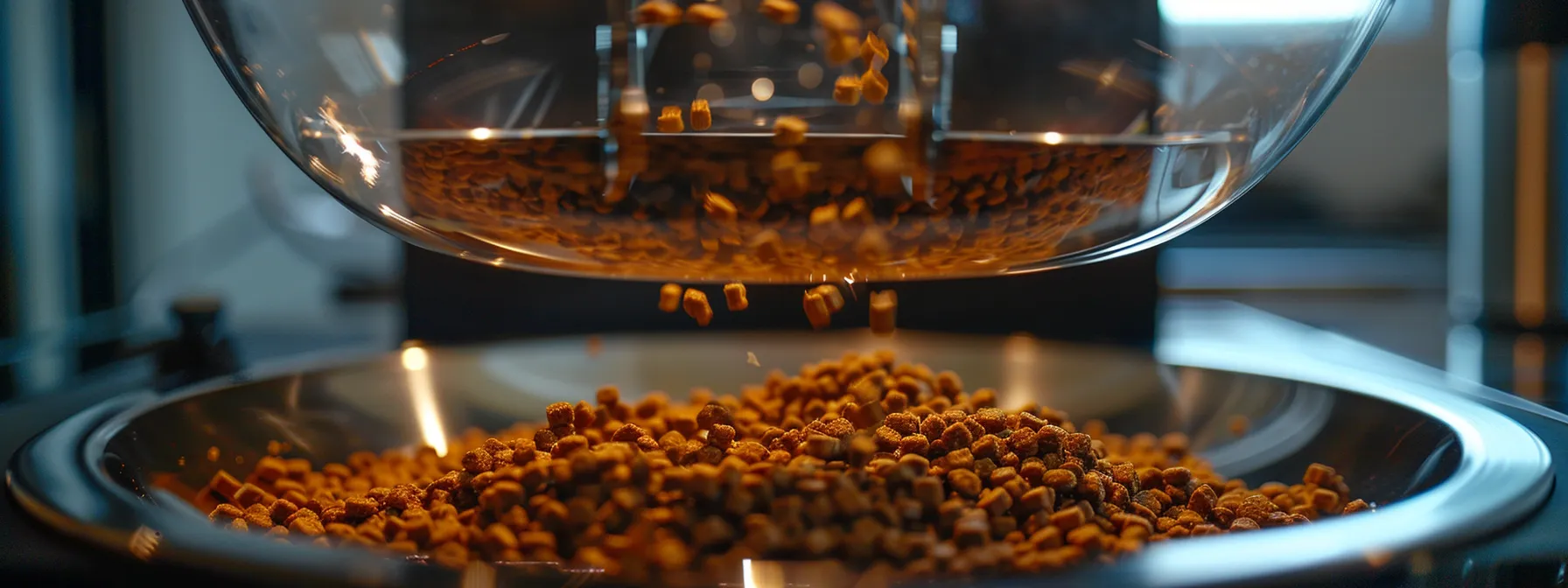 an automated pet feeder dispensing a precise amount of food into a clean, glass bowl.