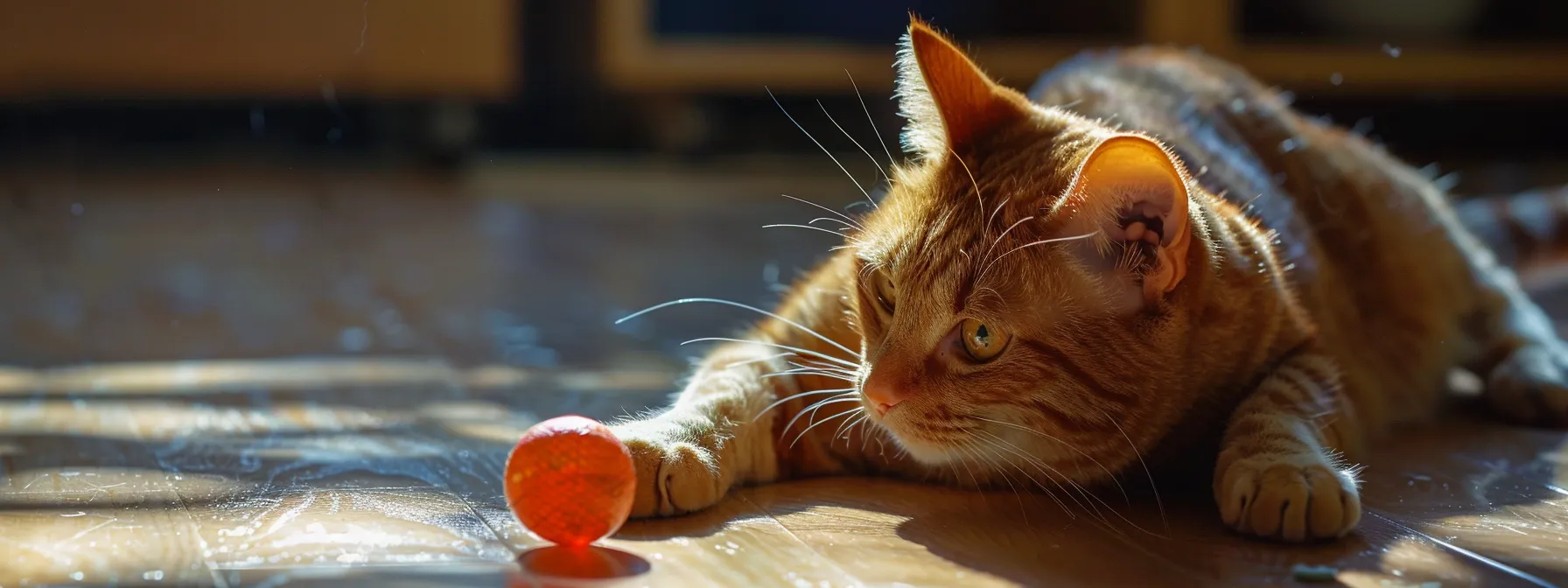 a curious cat batting a treat-dispensing toy around on the floor.