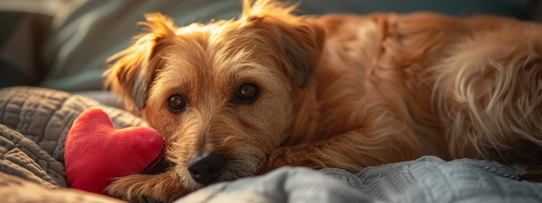 a dog snuggled up with a stuffed heartbeat toy, looking content and relaxed.