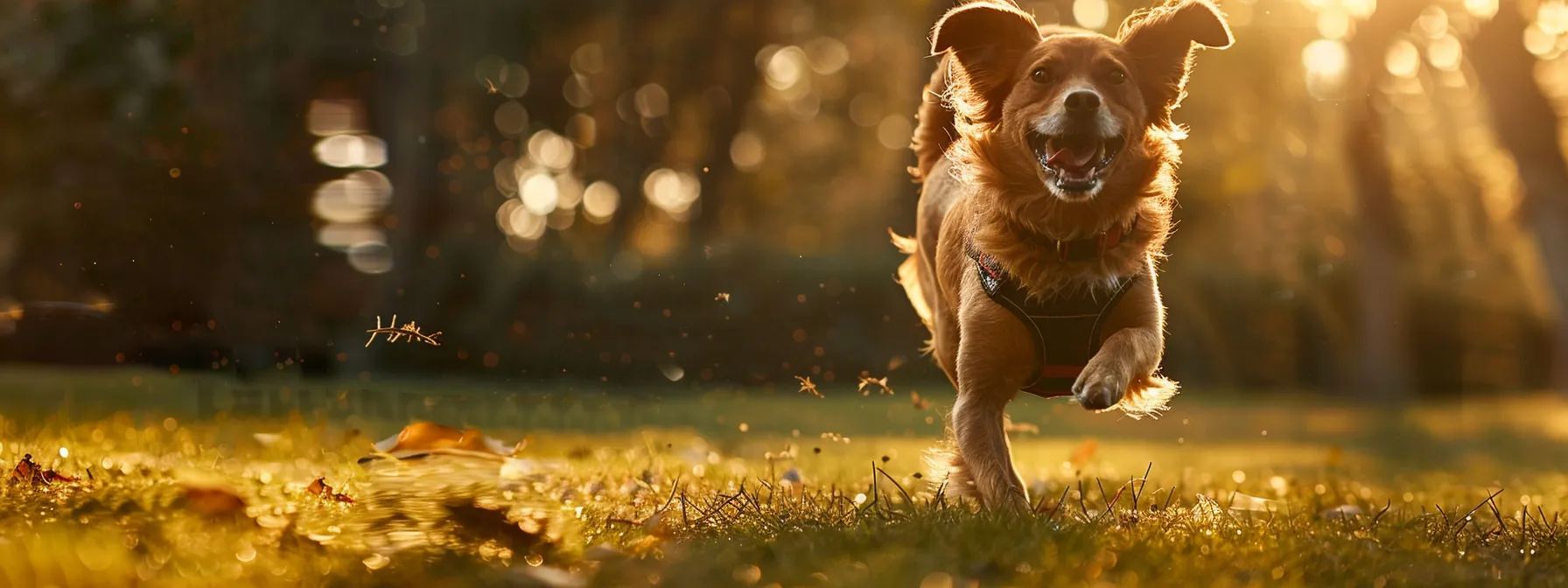 a dog wearing a high-tech collar while running and playing in a park.