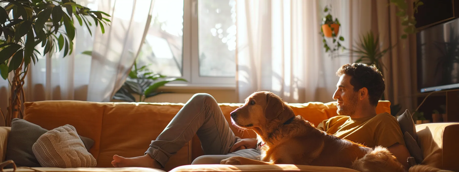 a pet owner using a pet camera to soothe their furry companion with two-way audio.