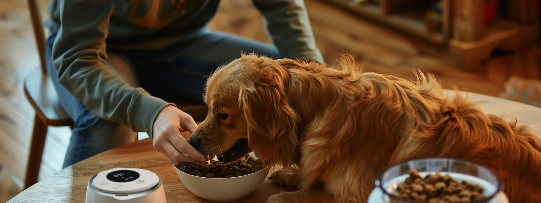 a person remotely checking a camera feed of their pet eating from a smart feeder.