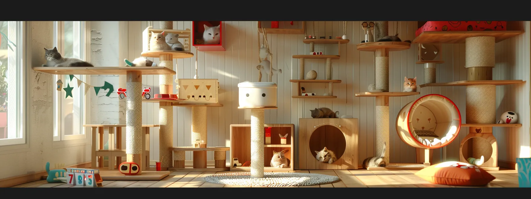 a room filled with cat trees, shelves, toys, and cozy hideaways for pampered feline residents.