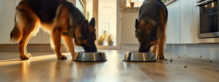 two large dogs eating from automatic feeders in a spacious kitchen.