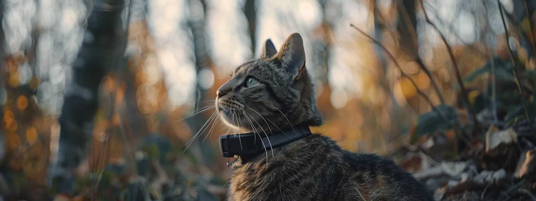 a cat wearing a snug gps collar comfortably around its neck while exploring outdoors.