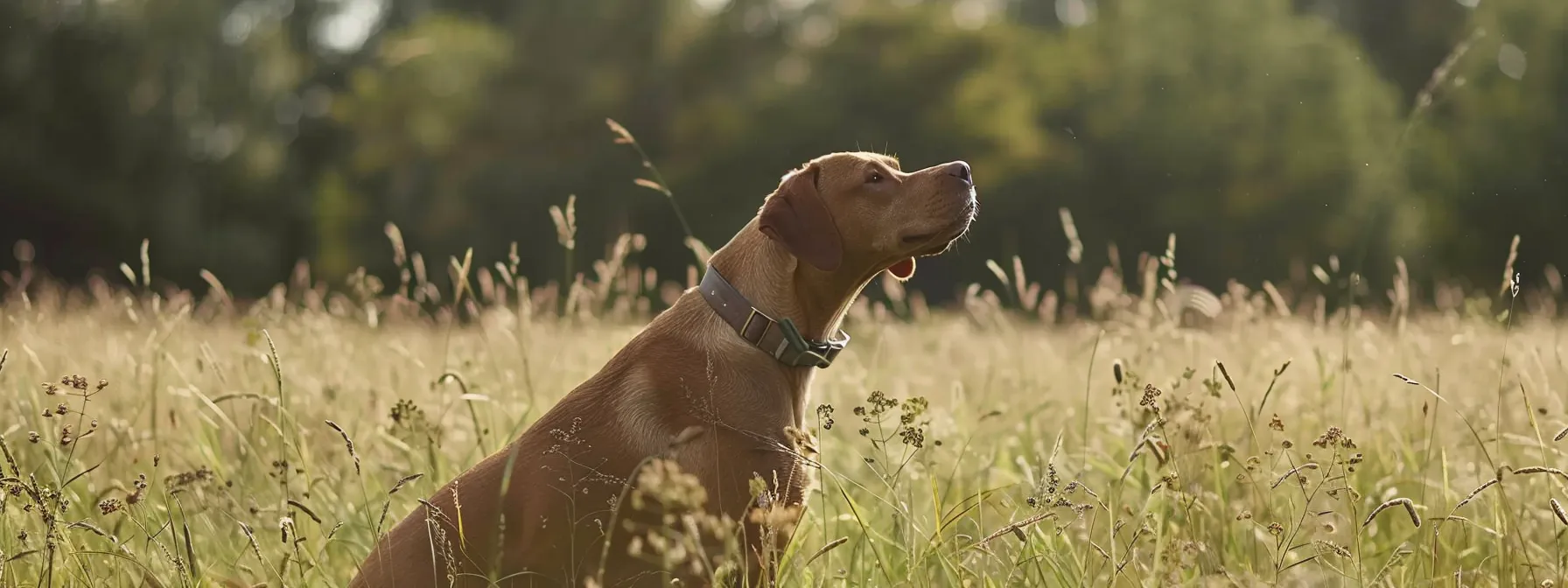 a pet wearing a gps tracker roaming through a field as signals from multiple satellites triangulate its precise location.