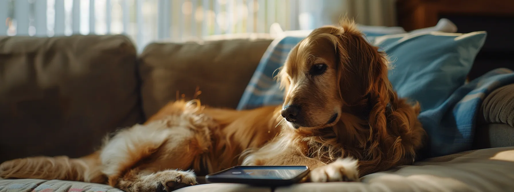 a pet owner checking their pet tracker app on their phone, monitoring the location and health of their beloved pet.