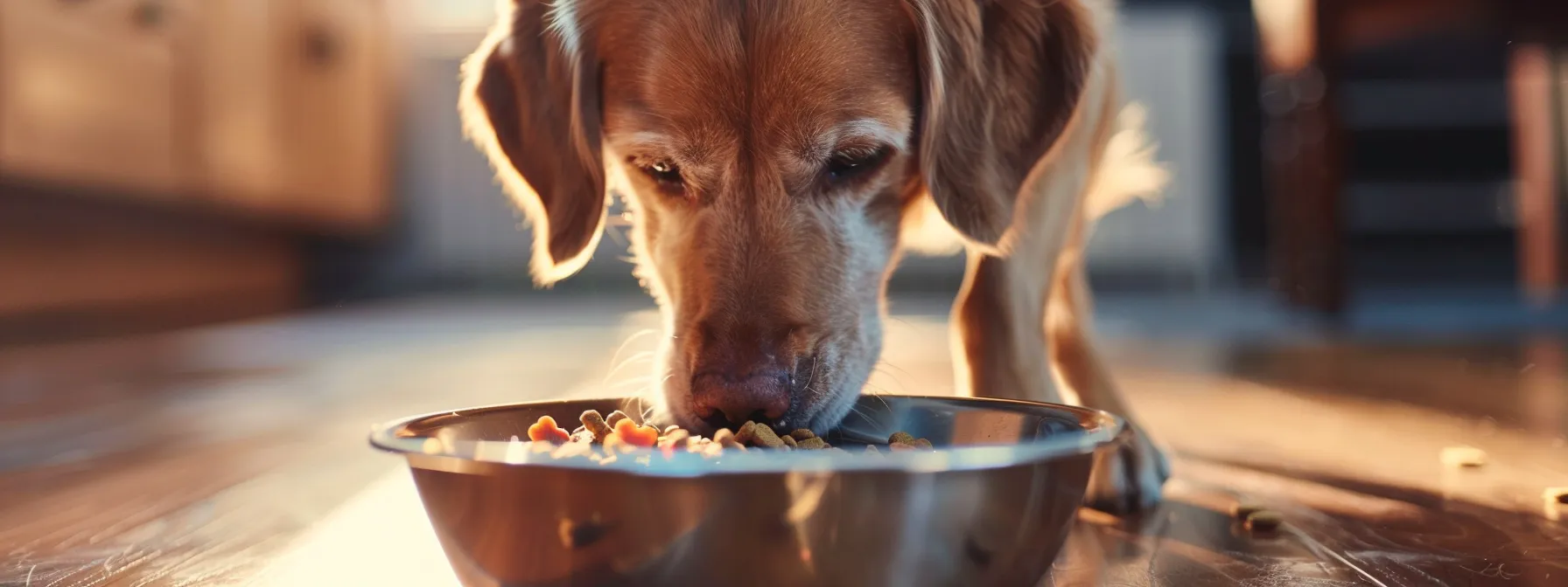 a dog happily eating a mixture of wet and dry food from their bowl.