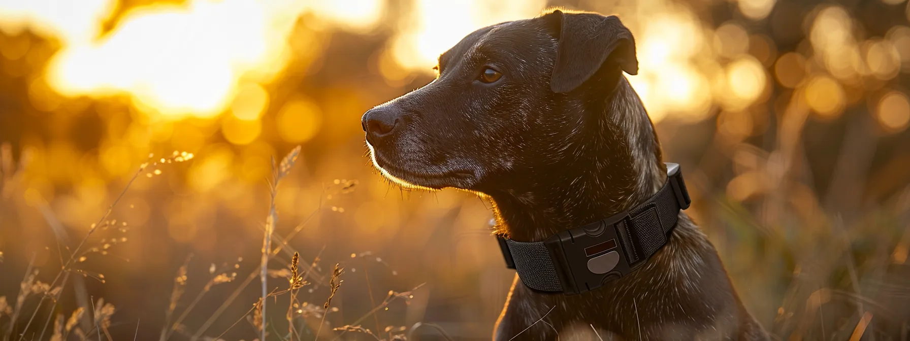 a dog wearing a sleek smart collar with a gps tracker and activity monitor attached.