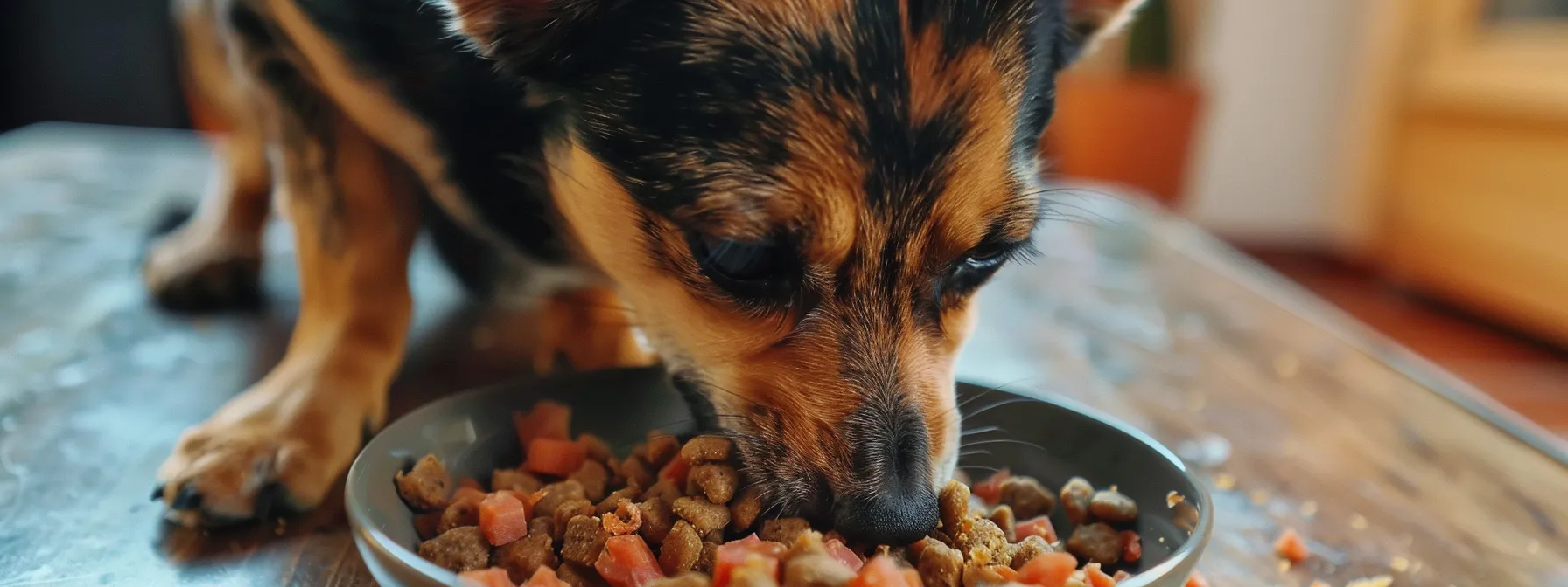 a pet happily eating a meal consisting of a mix of wet and dry food.