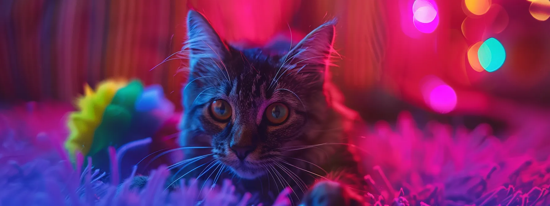 a colorful, interactive toy with different textures and sounds capturing a cat's attention.