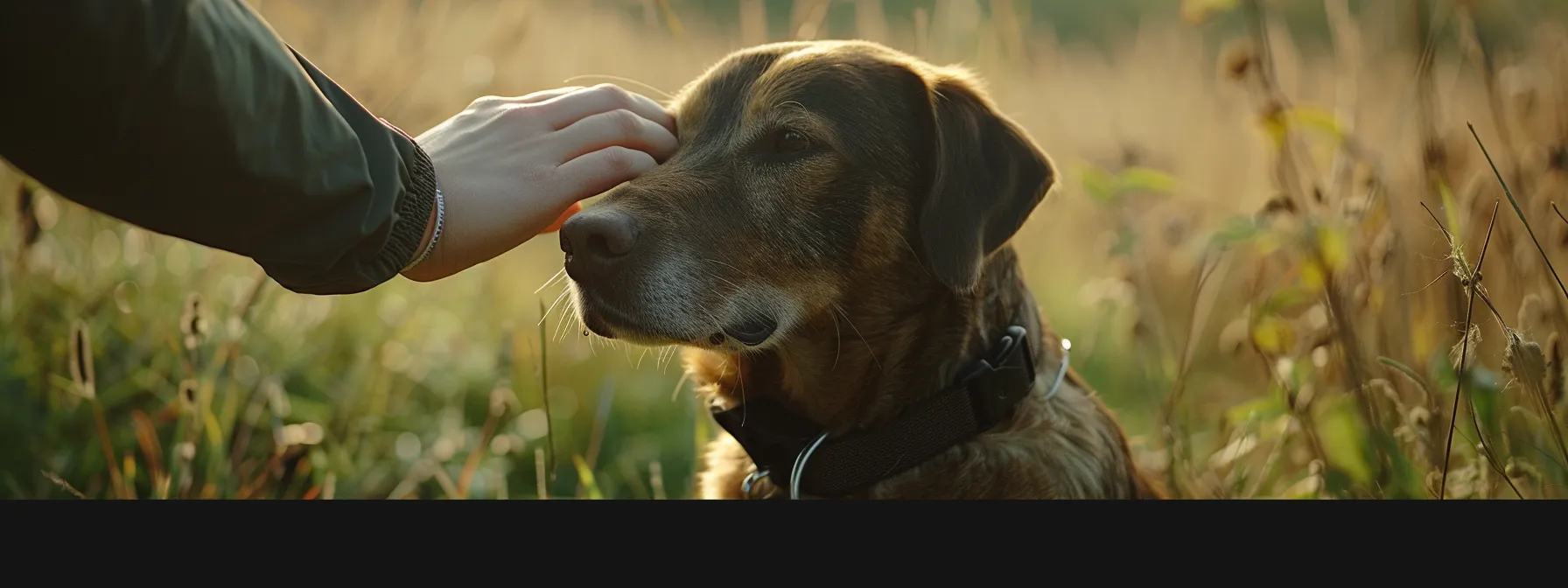 an owner gently placing a gps tracker collar on their pet's neck in a calm and patient manner.