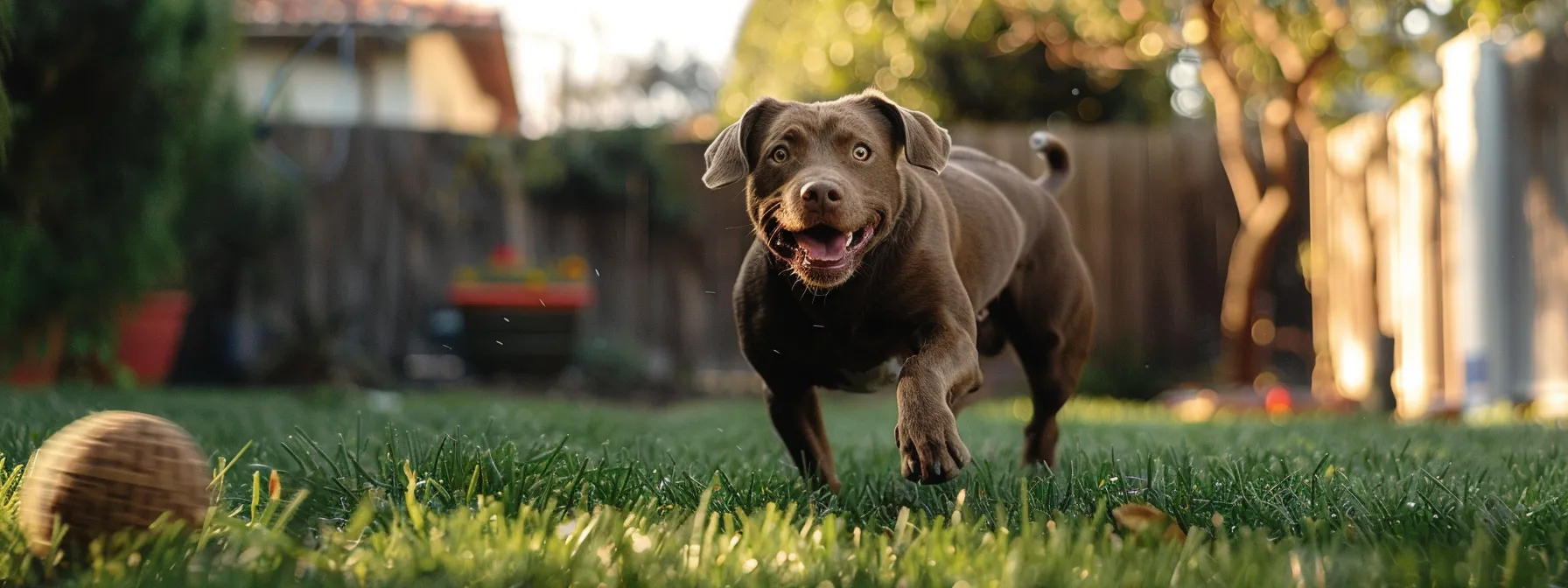 a dog eagerly chasing after a treat-filled puzzle toy in a spacious backyard.