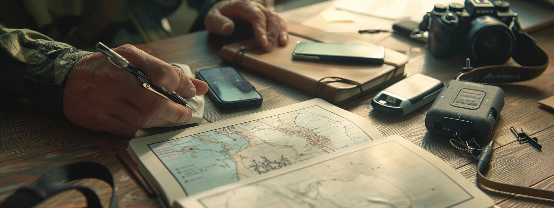 a person comparing different gps pet trackers on a table with a notebook and pen.