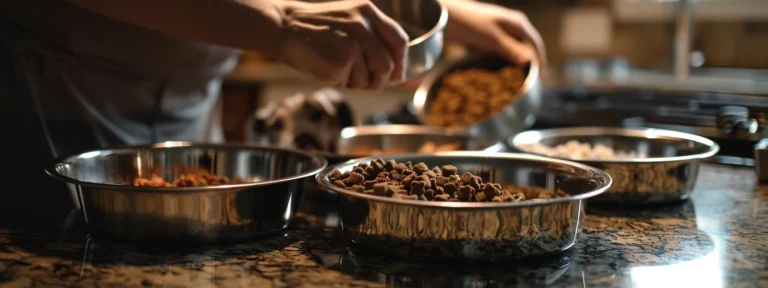 a person preparing a variety of dog food bowls on a kitchen counter.