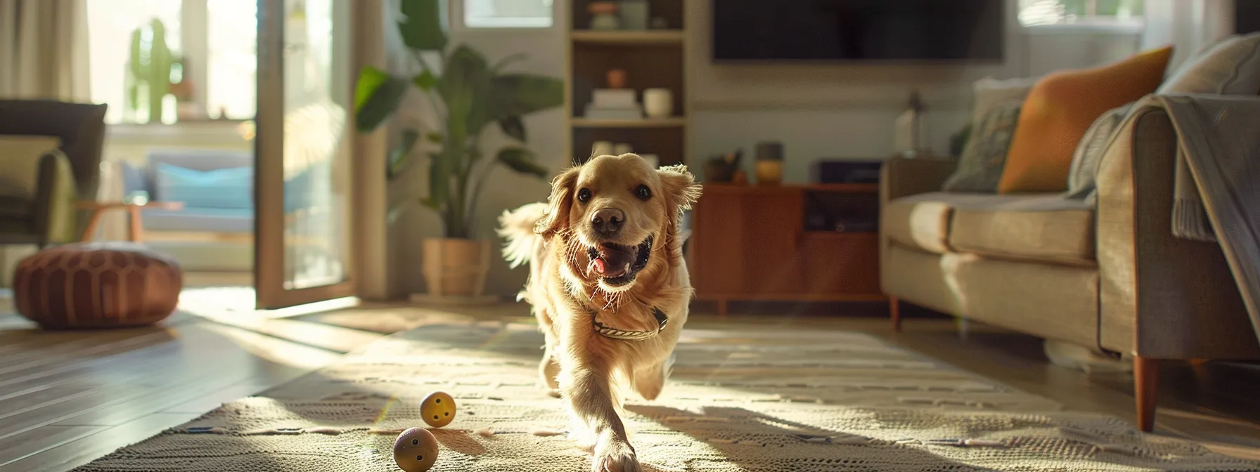 a playful dog chasing a high-tech toy around a spacious living room.