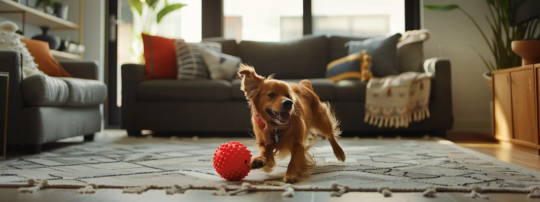 a dog happily chasing and playing with the kong jumbler ball in a spacious living room.