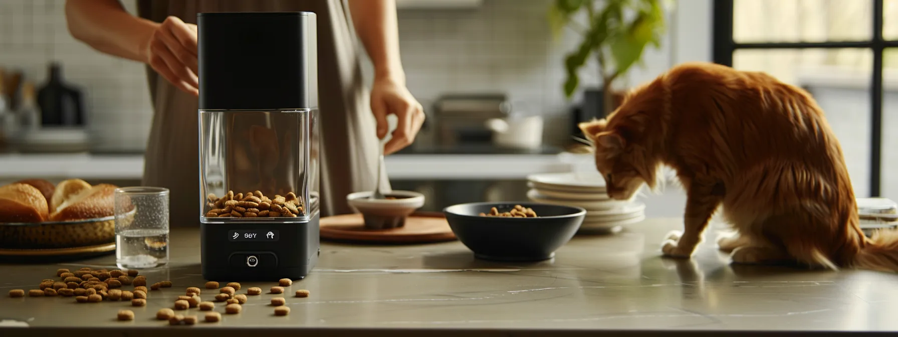 a pet owner setting up and programming an automated pet feeder for easy meal times.