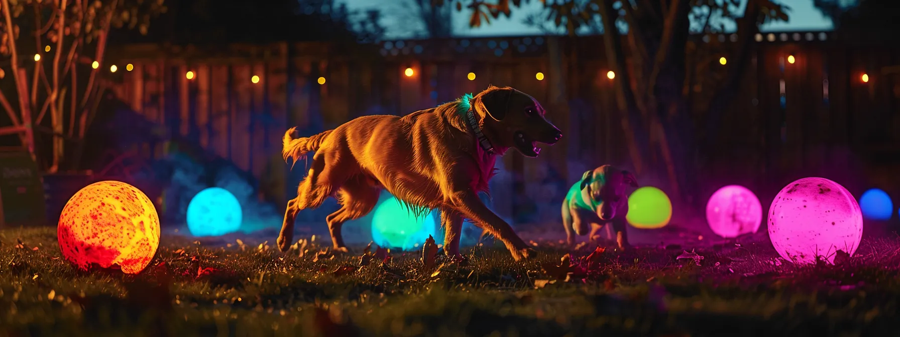 dogs romping with glow-in-the-dark toys at night.