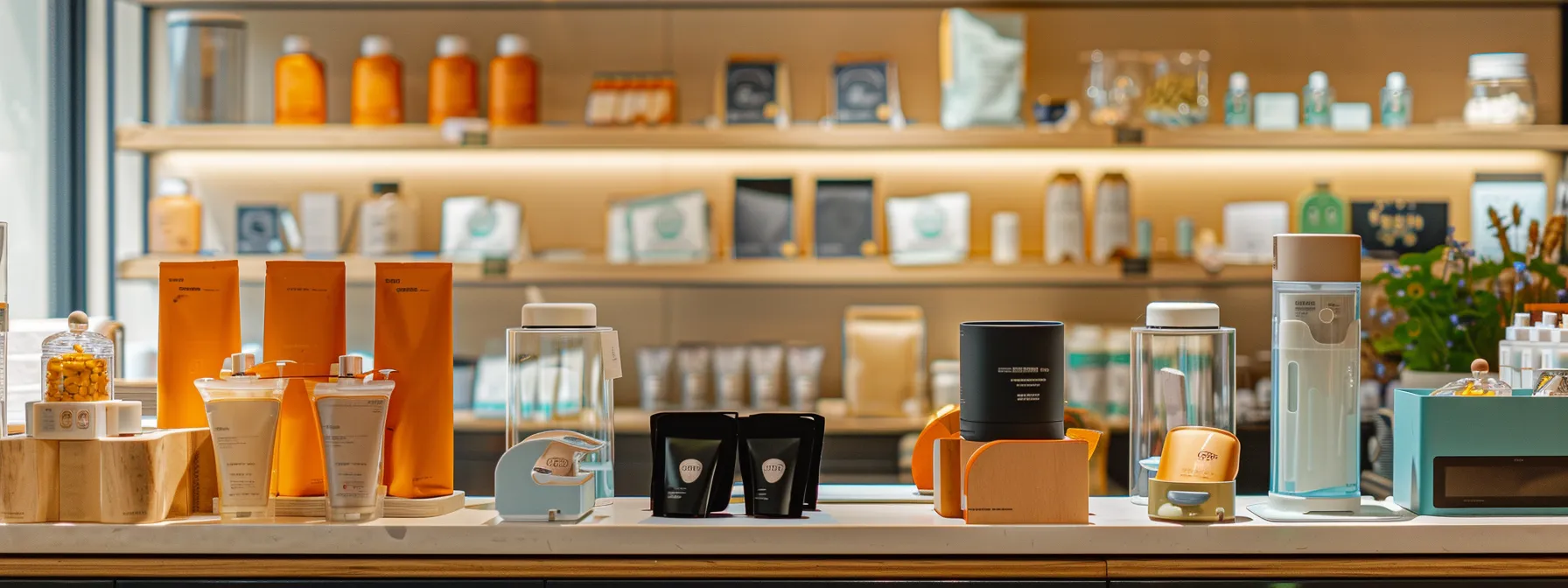 a group of eco-friendly pet products displayed in a modern and stylish storefront.