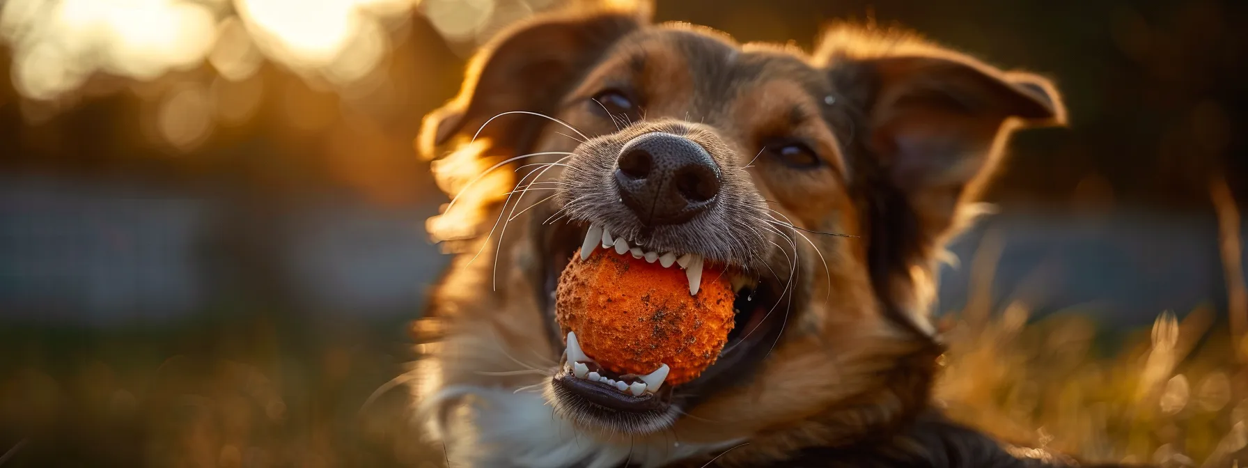 a dog happily chewing on a tooth-cleaning ball.