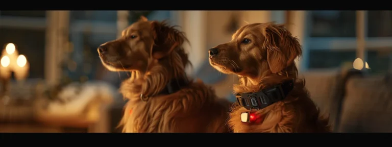 pets wearing high-tech collars with gps tracking and activity monitoring features.