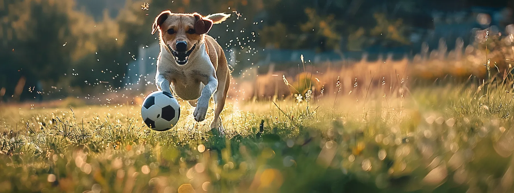 a dog chasing after a soccer ball in a grassy field.