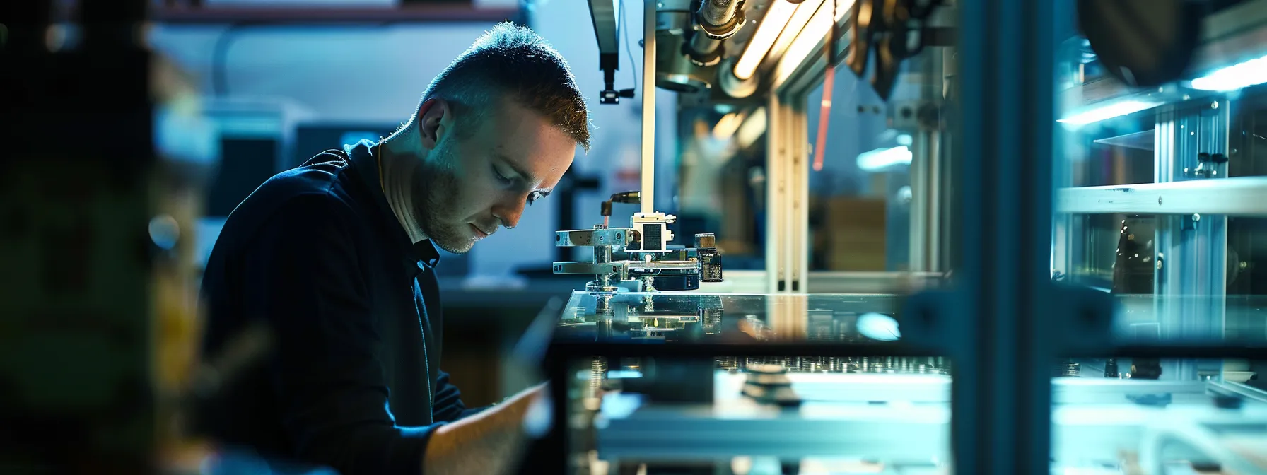 a technician inspecting the internal mechanisms of an automated feeder for mechanical wear and obstructions.