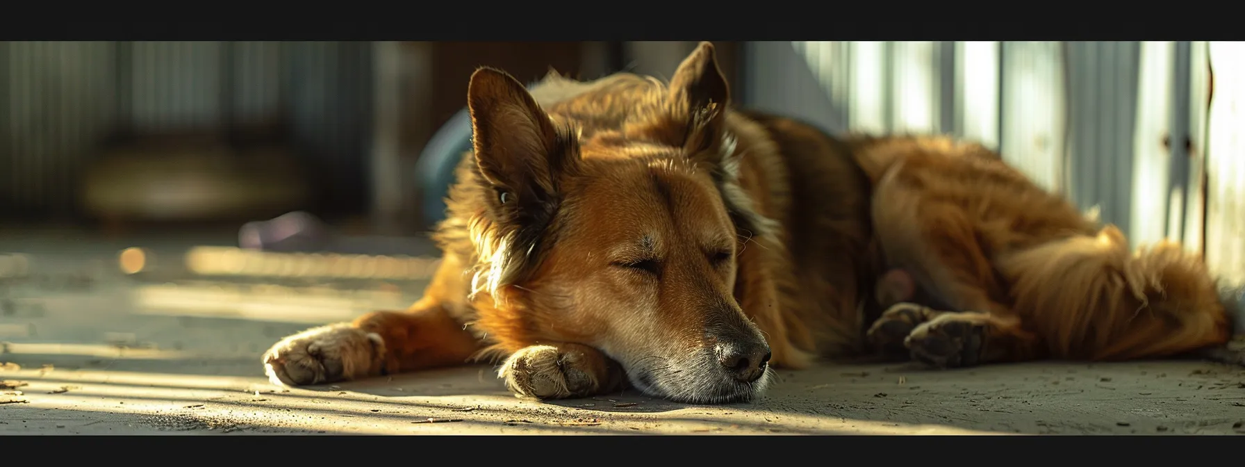 a dog peacefully resting in a quiet environment while an ultrasonic device emits high-frequency sounds in the background.