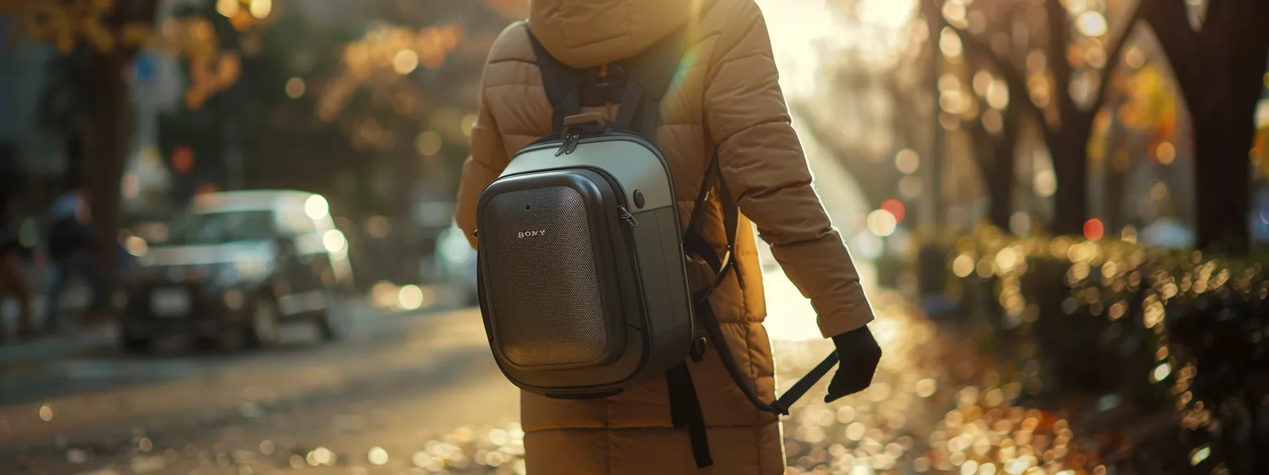 a person effortlessly carrying a compact automated pet feeder while traveling.