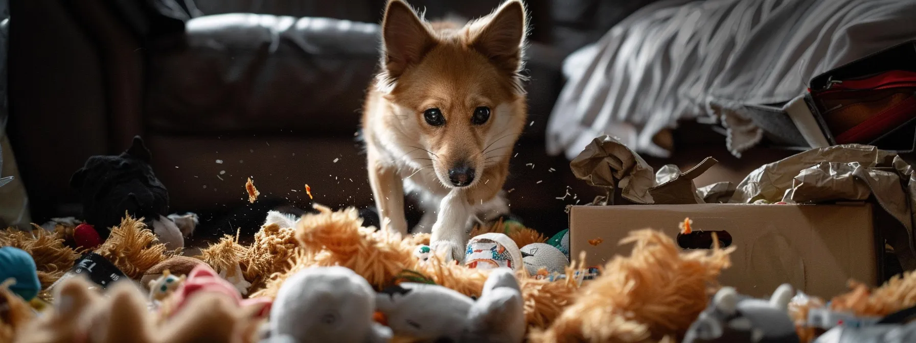 a dog eagerly tearing into a barkbox rip-and-reveal plushie, excitedly uncovering hidden toys within.