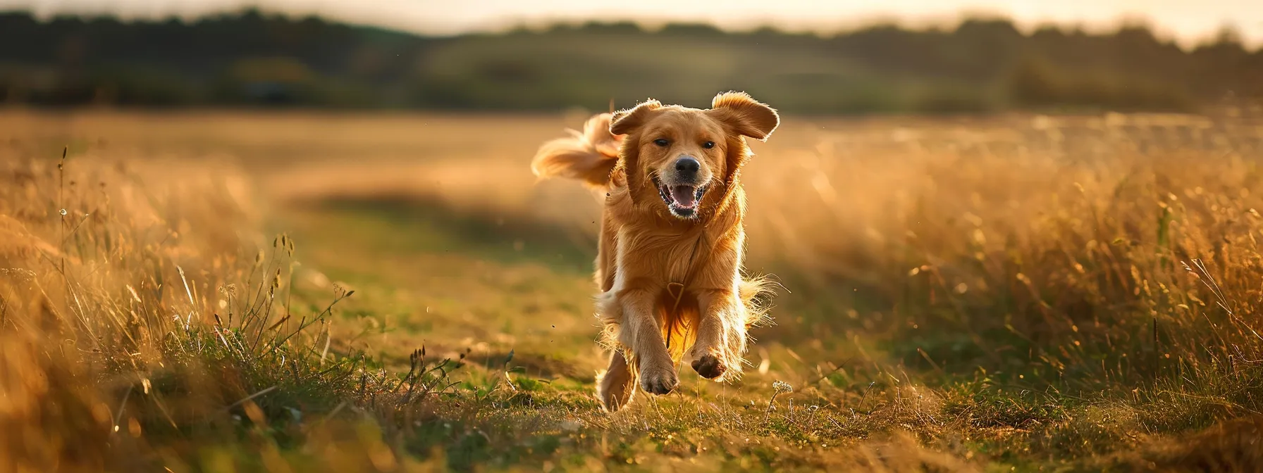 a golden retriever happily chasing after a frisbee in a wide open field.