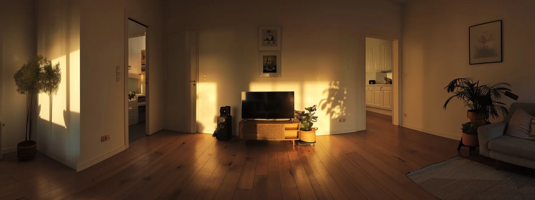 a pet camera positioned high in a corner of the room, capturing a wide angle view of the space with no obstructions.