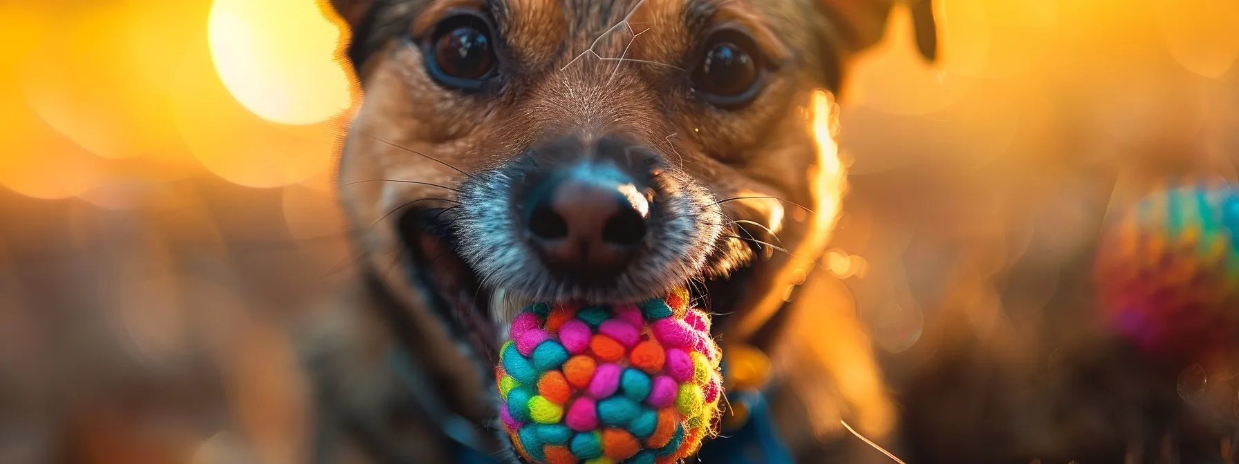 a dog happily chewing on a colorful dental toy.