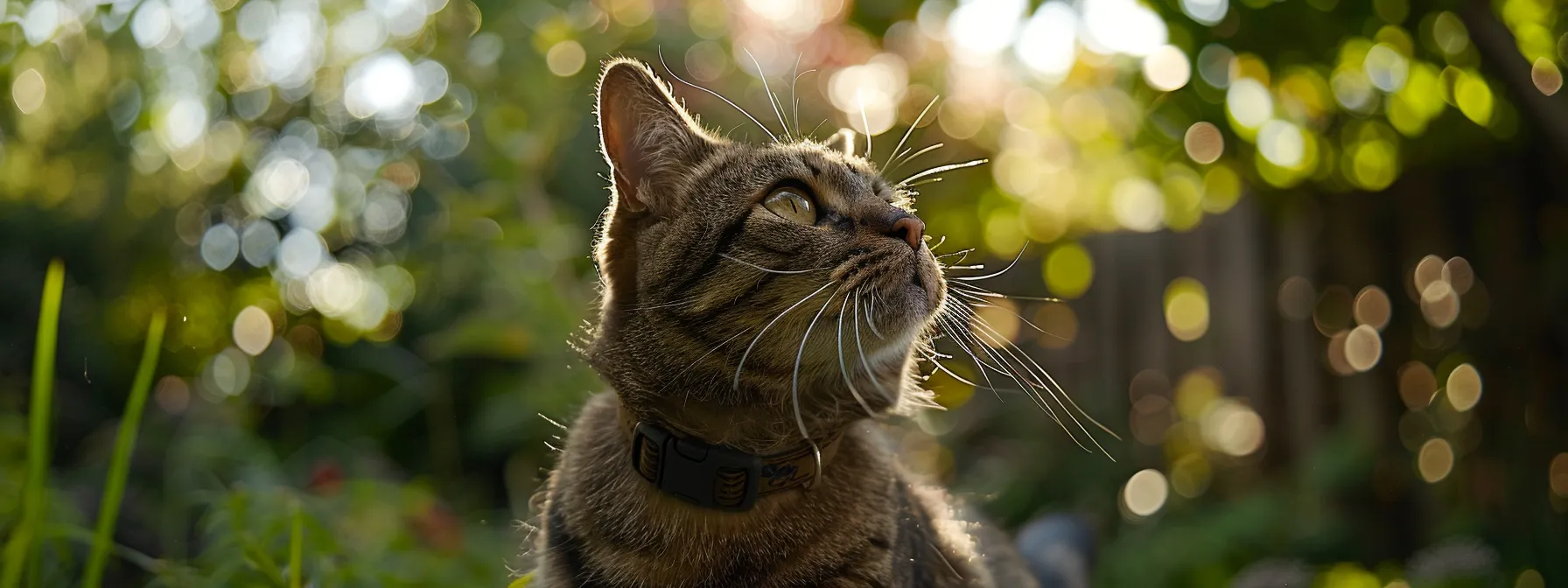 a cat wearing a gps collar exploring freely in a backyard under the watchful eye of its owner.