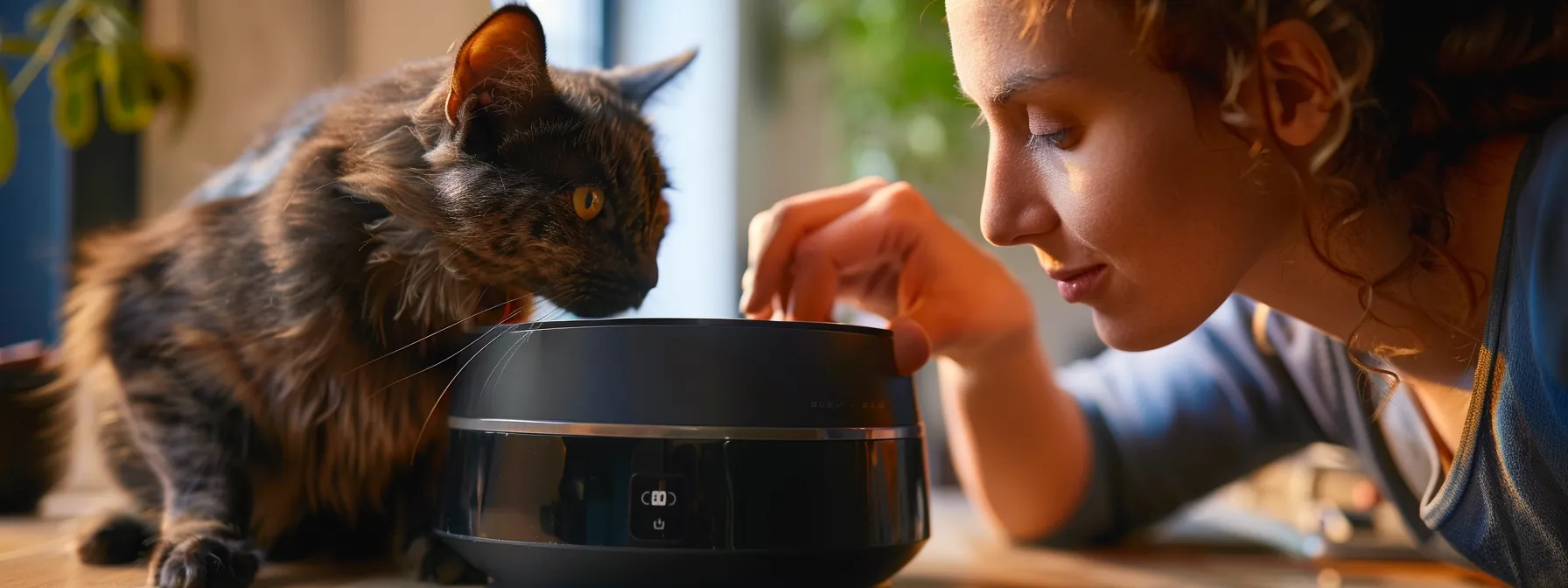 a pet owner adjusting the settings on a smart feeder for their cat.