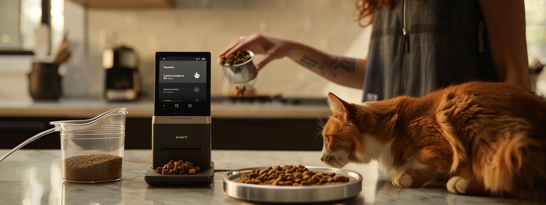 a person adjusting the feeding schedule on a smartphone app while an automated pet feeder dispenses food to a pet.