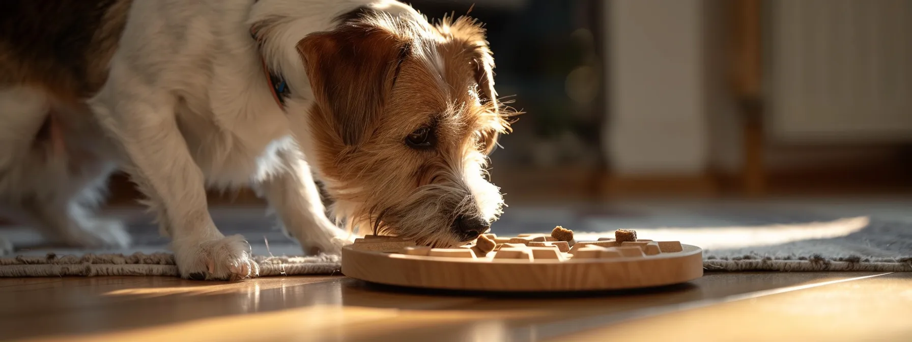 a dog eagerly nudging a puzzle feeder with a treat inside, using its nose to find the hidden reward.