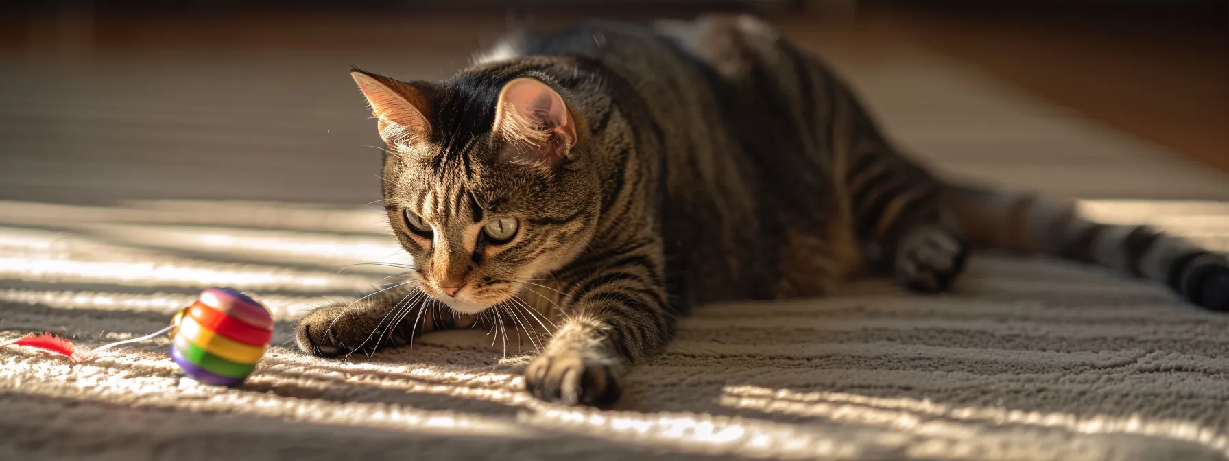 a cat playing with an interactive puzzle toy, trying to retrieve a feather or ball as a reward.