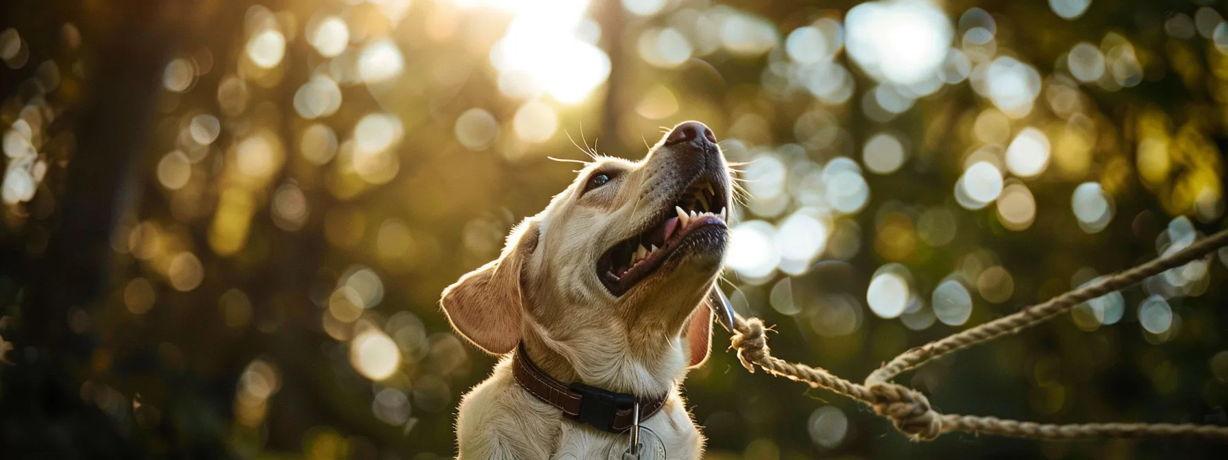 a happy dog tugging at a hanging rope toy attached to a tree.