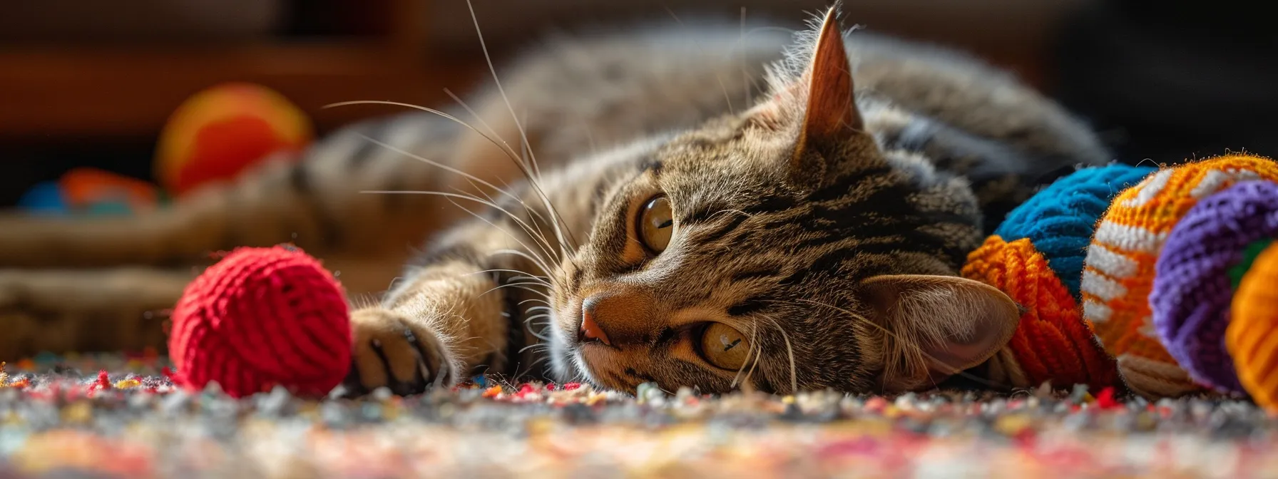 a cat enthusiastically playing with a variety of toys, showing a clear preference for a particular one.