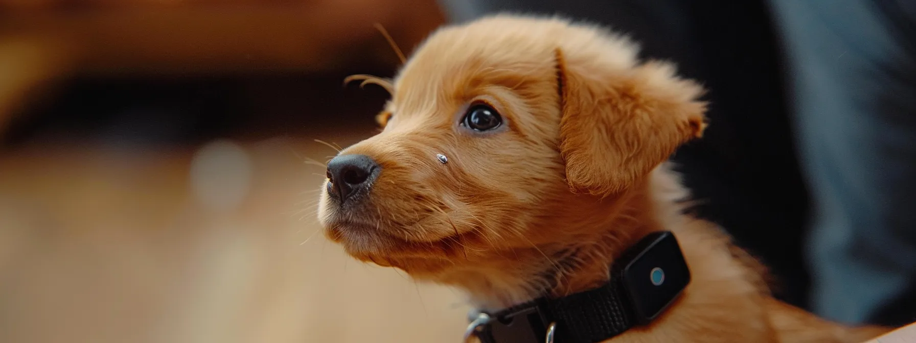 a small gps tracker being carefully attached to a playful puppy's collar.