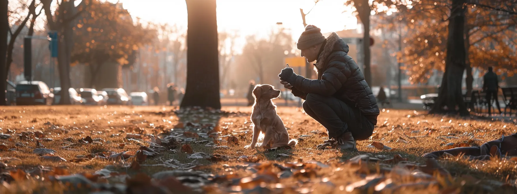 a dog owner training his pet in a busy city park, surrounded by noise and distractions.
