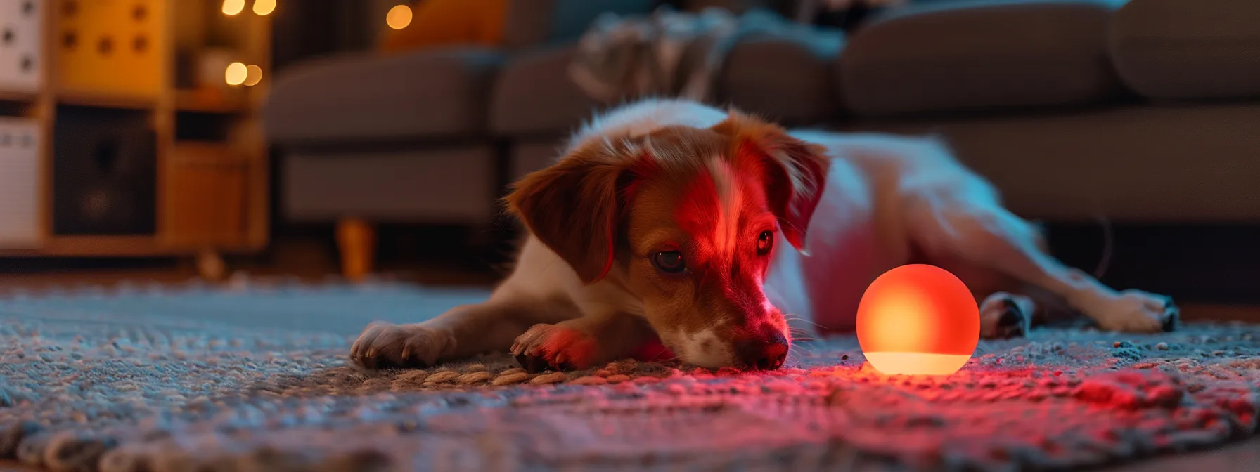 a dog playing with a high-tech interactive toy while being monitored by a camera through a mobile app.