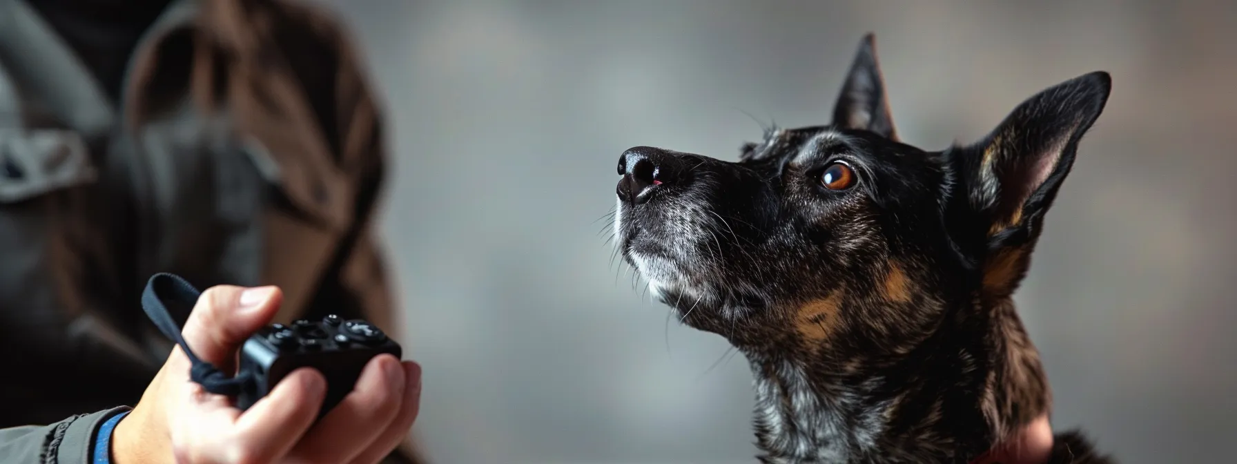 a dog trainer holding a high-tech voice command gadget, capturing a dog's attention with a distinct signal.