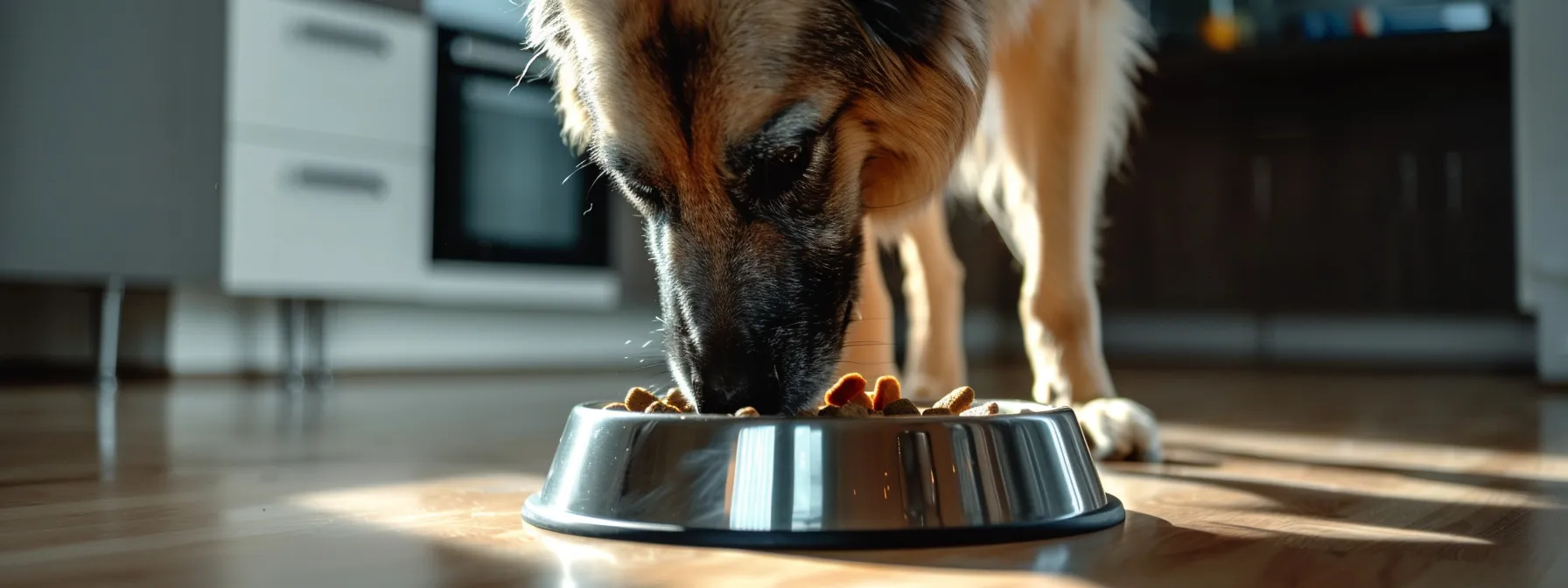 a large breed dog eating from a reliable automated feeder with backup power options.