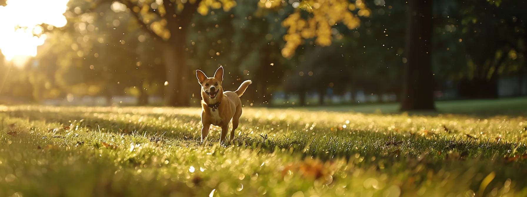 a playful dog chasing a frisbee in a grassy park.