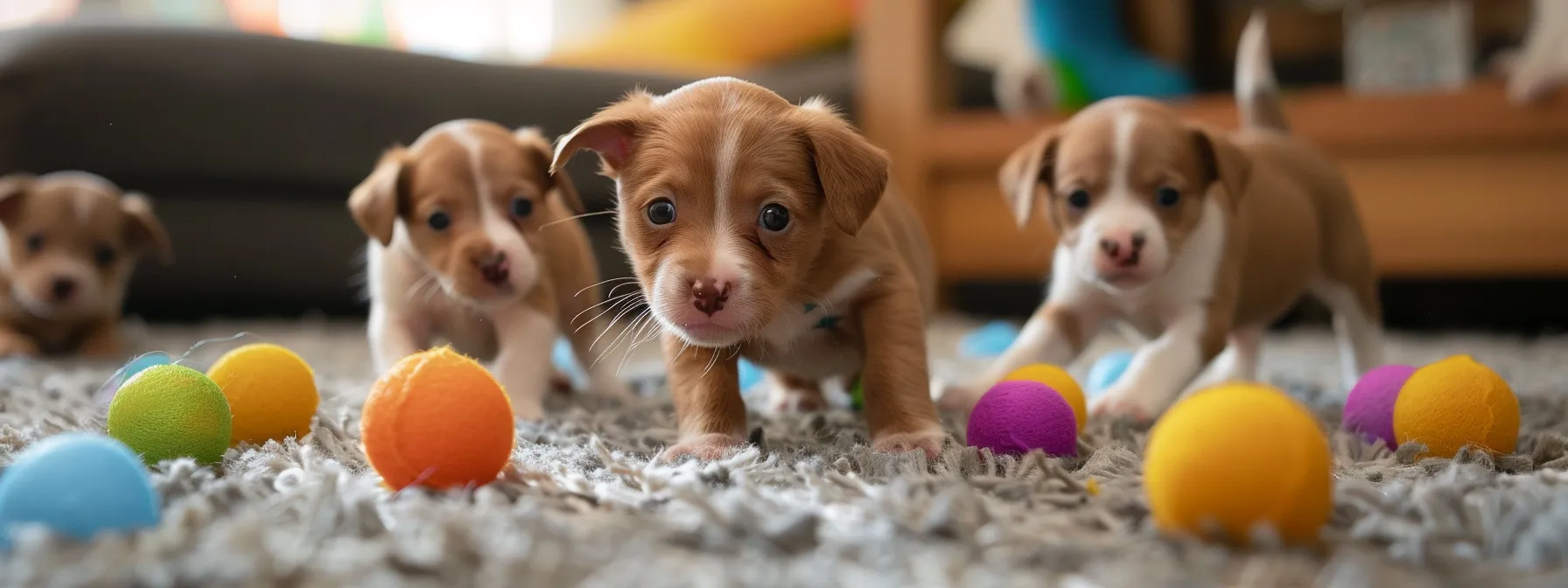 a pack of lively puppies happily playing with a variety of engaging toys.